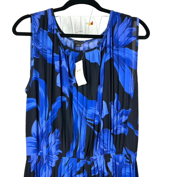 Ann Taylor Dress Womens Large Blue Black Floral Pleated Sleeveless Pullover - Picture 2 of 10